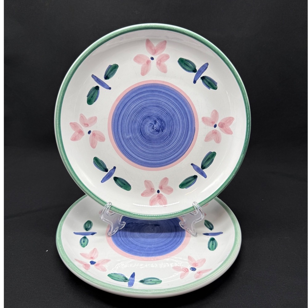 Caleca Italy Hand Painted Ceramic Salad Plates Blue Swirl Floral Set of 2 8.25in